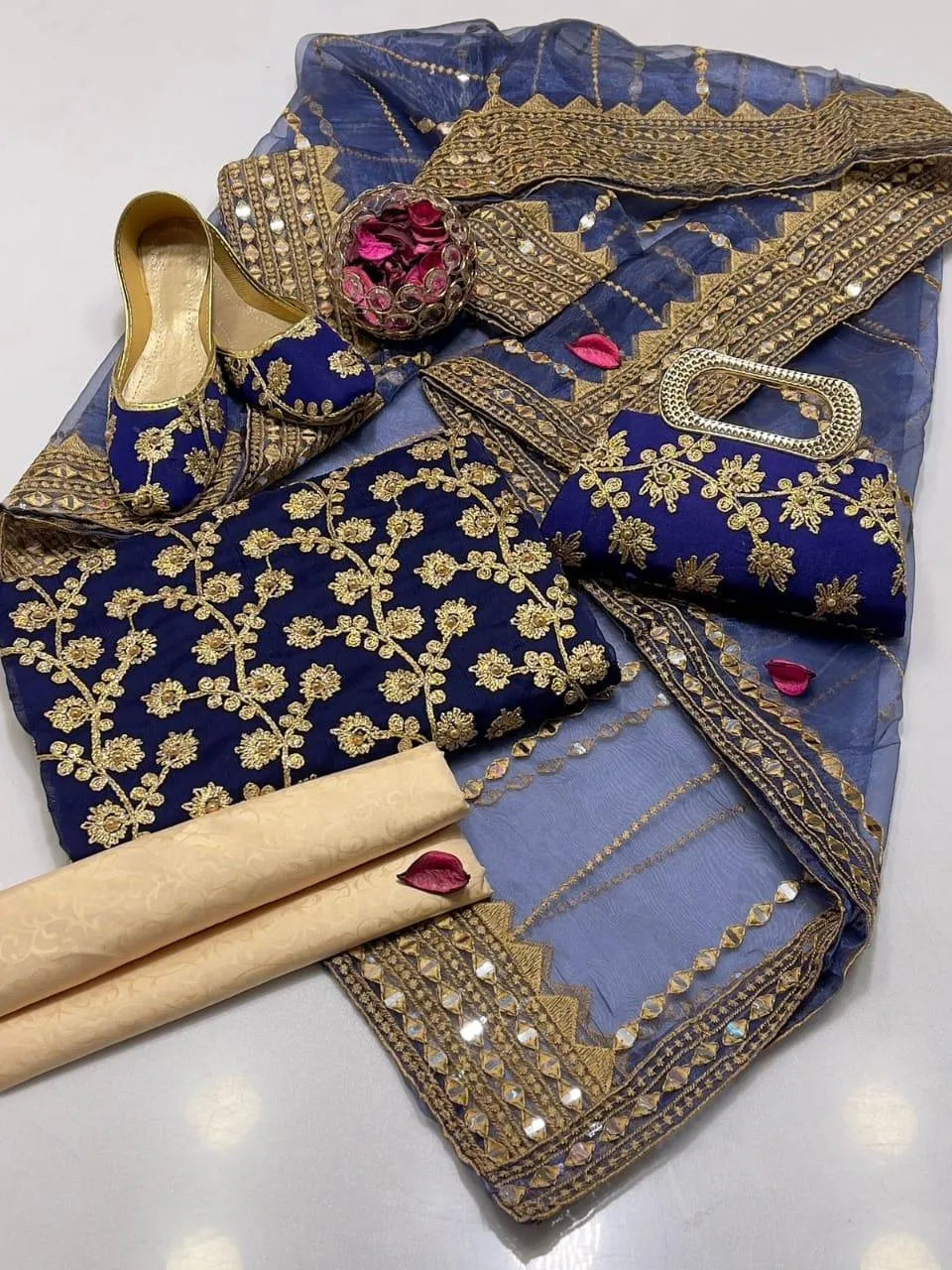 Blue Chiffon 3-Piece Wedding Suit with Gold Embroidery