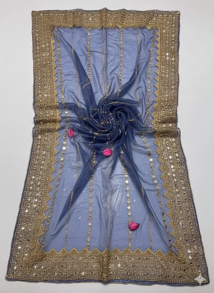 Blue Chiffon 3-Piece Wedding Suit with Gold Embroidery