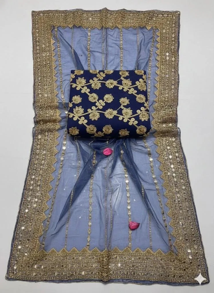 Blue Chiffon 3-Piece Wedding Suit with Gold Embroidery