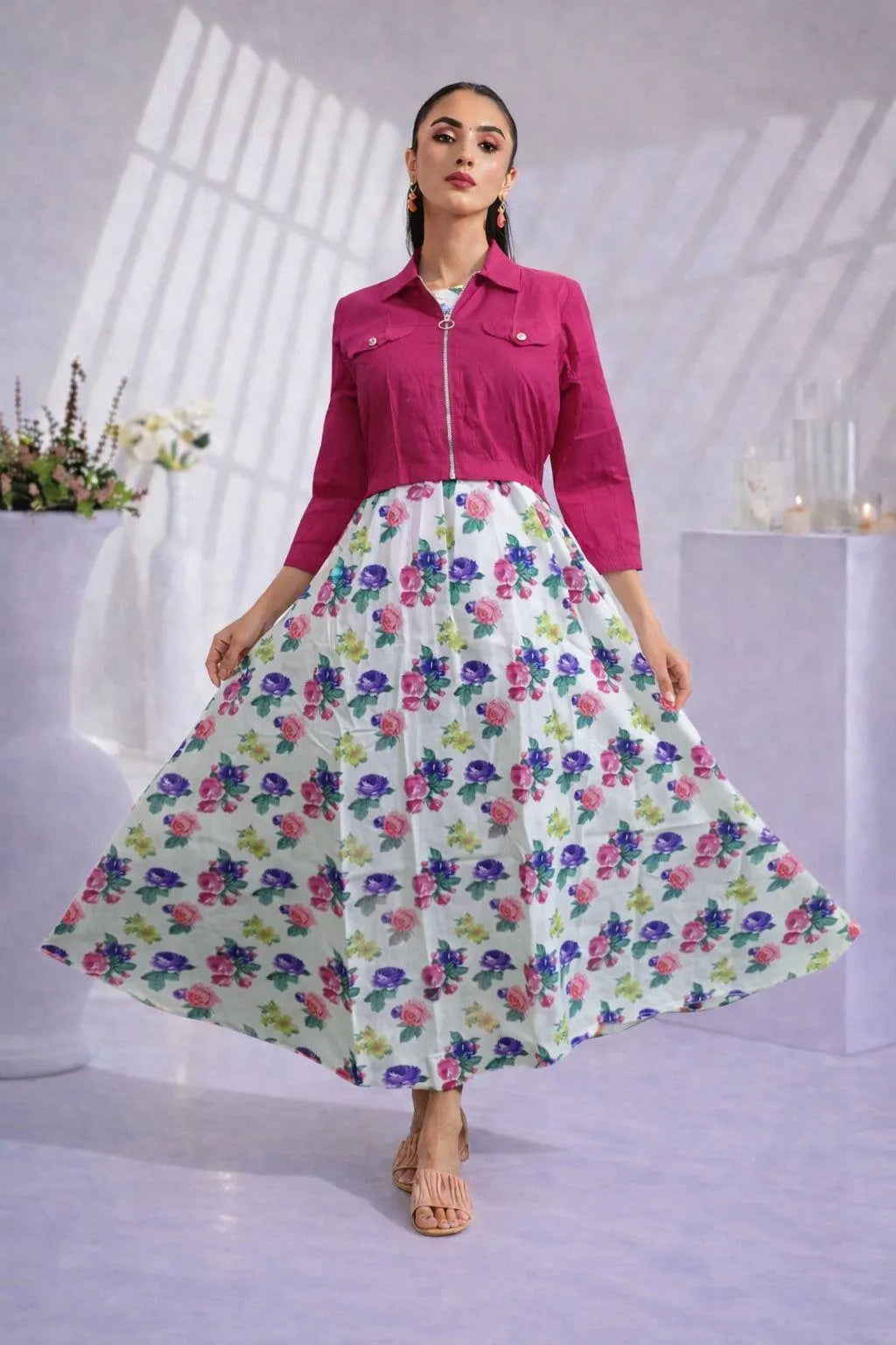 Floral Maxi Suit Pink Swiss Lawn Two Piece