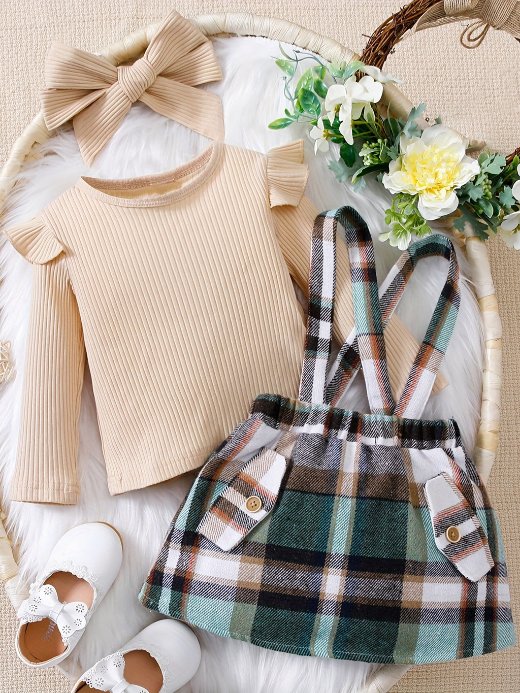 Pink Plaid Suspender Skirt Suit for Girls with Headscarf