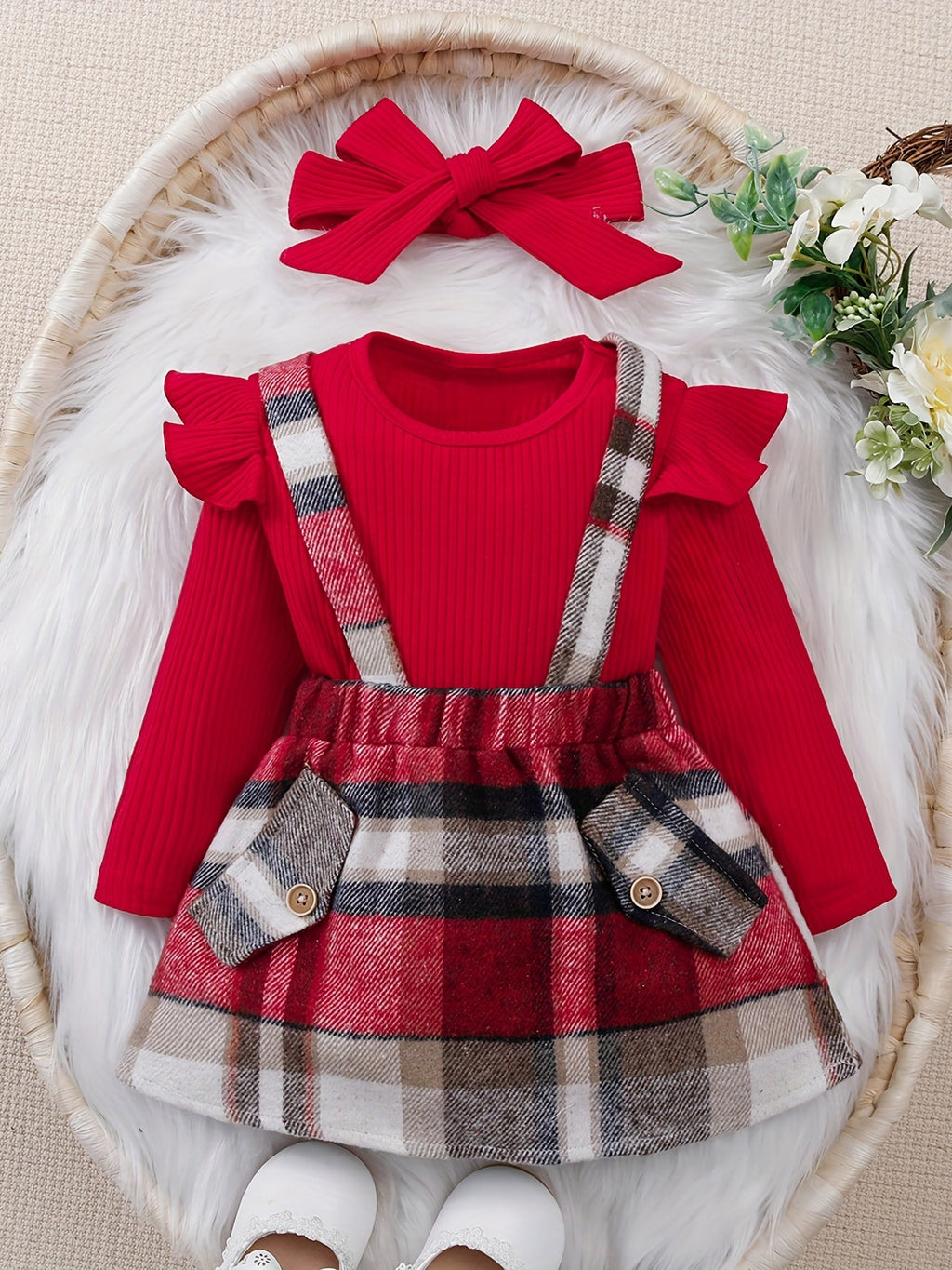 Pink Plaid Suspender Skirt Suit for Girls with Headscarf