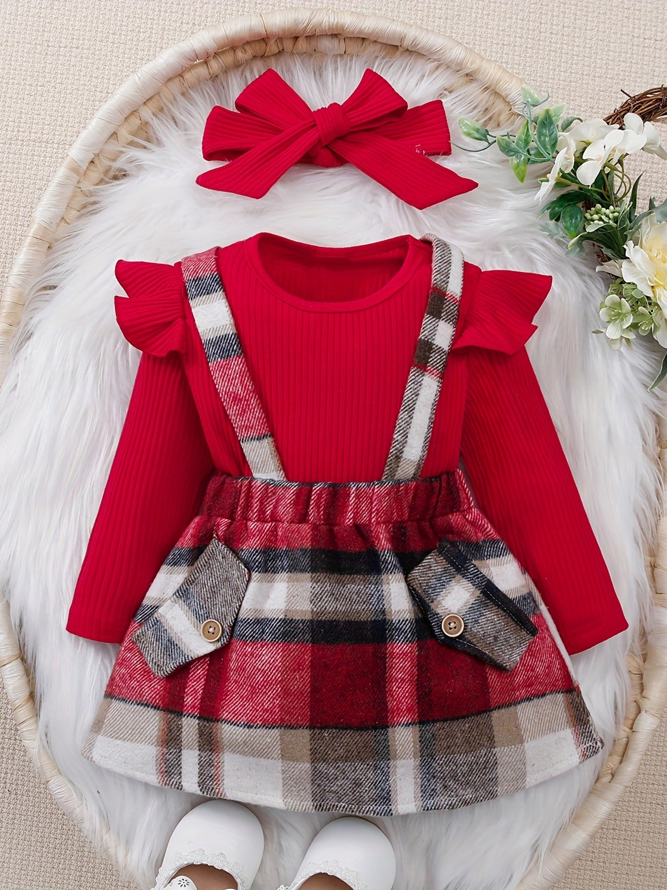 Pink Plaid Suspender Skirt Suit for Girls with Headscarf