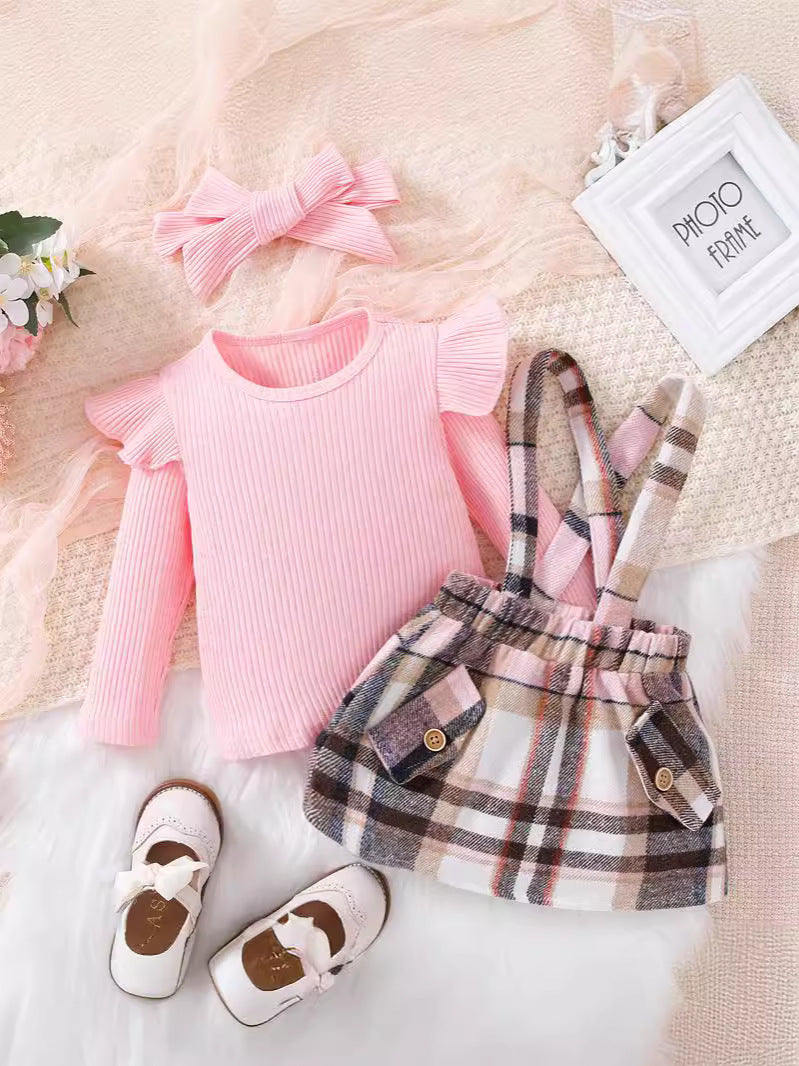 Pink Plaid Suspender Skirt Suit for Girls with Headscarf