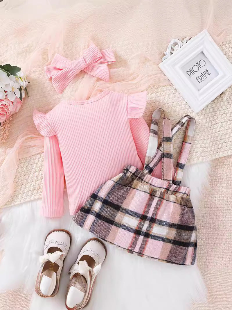 Pink Plaid Suspender Skirt Suit for Girls with Headscarf