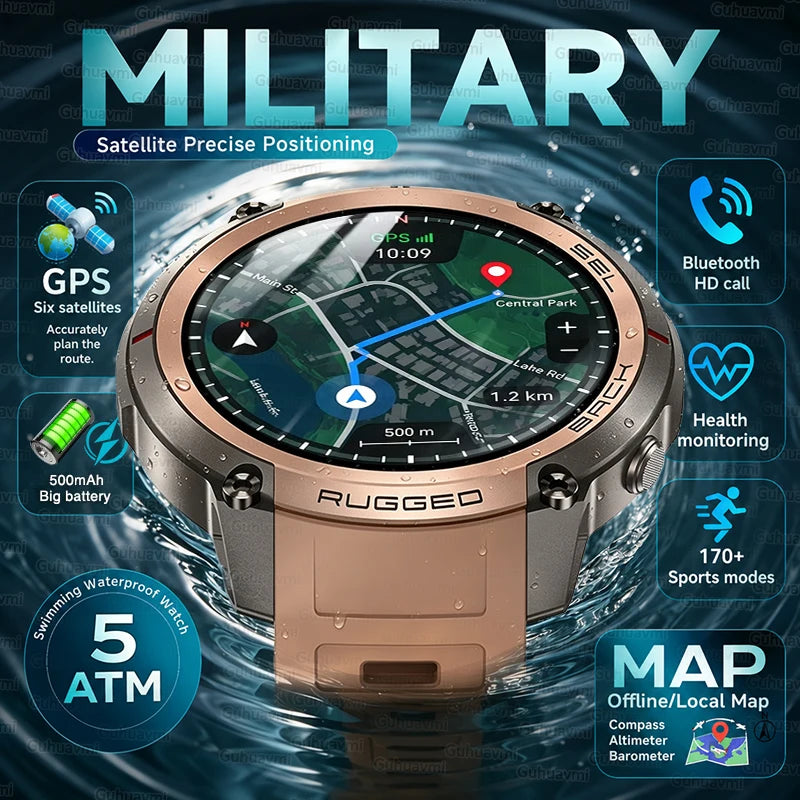 2026 Military Satellite Offline Map GPS Smart Watch Men 1.43''AMOLED Bluetooth Call Compass 5ATM Waterproof 170+Sport Smartwatch