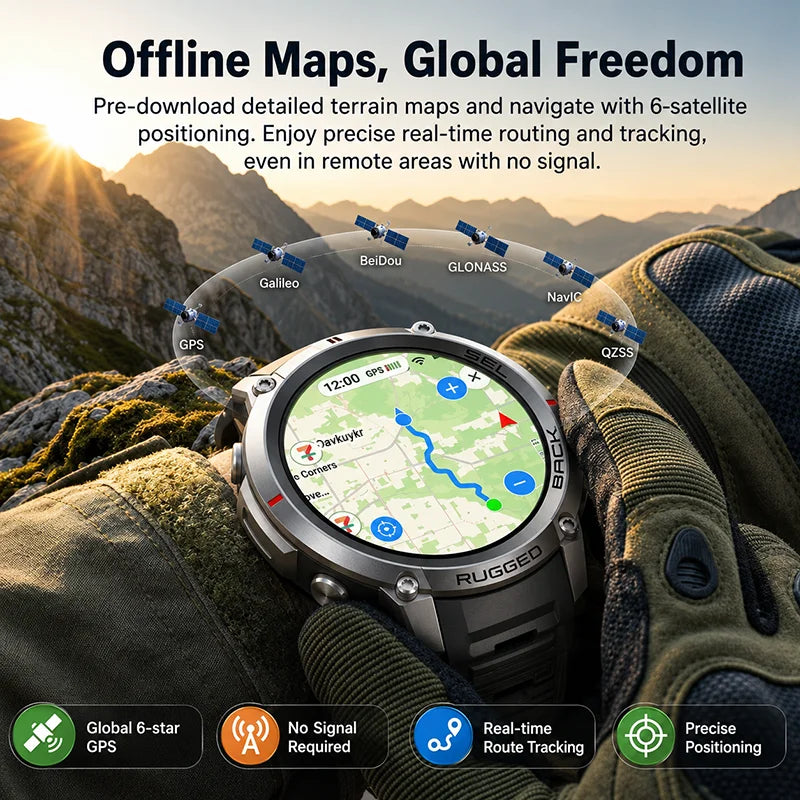 2026 Military Satellite Offline Map GPS Smart Watch Men 1.43''AMOLED Bluetooth Call Compass 5ATM Waterproof 170+Sport Smartwatch