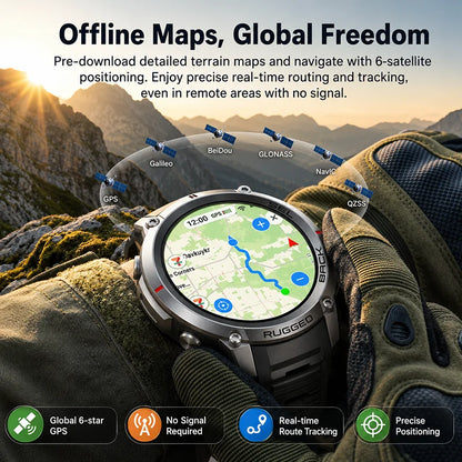 2026 Military Satellite Offline Map GPS Smart Watch Men 1.43''AMOLED Bluetooth Call Compass 5ATM Waterproof 170+Sport Smartwatch