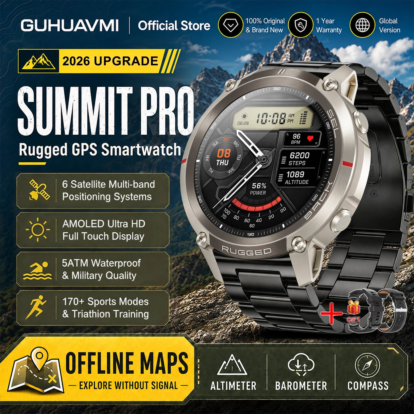 2026 Military Satellite Offline Map GPS Smart Watch Men 1.43''AMOLED Bluetooth Call Compass 5ATM Waterproof 170+Sport Smartwatch