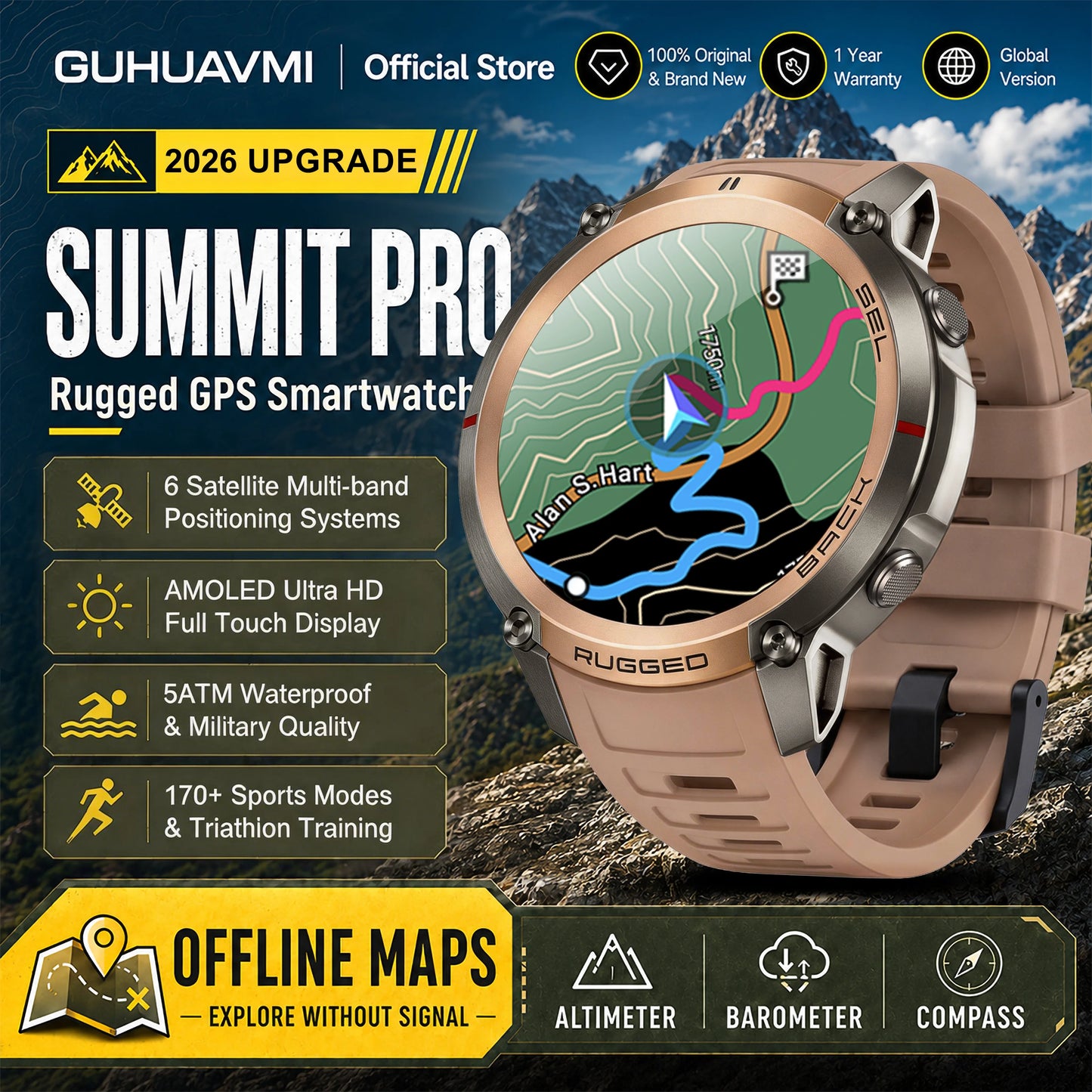 2026 Military Satellite Offline Map GPS Smart Watch Men 1.43''AMOLED Bluetooth Call Compass 5ATM Waterproof 170+Sport Smartwatch
