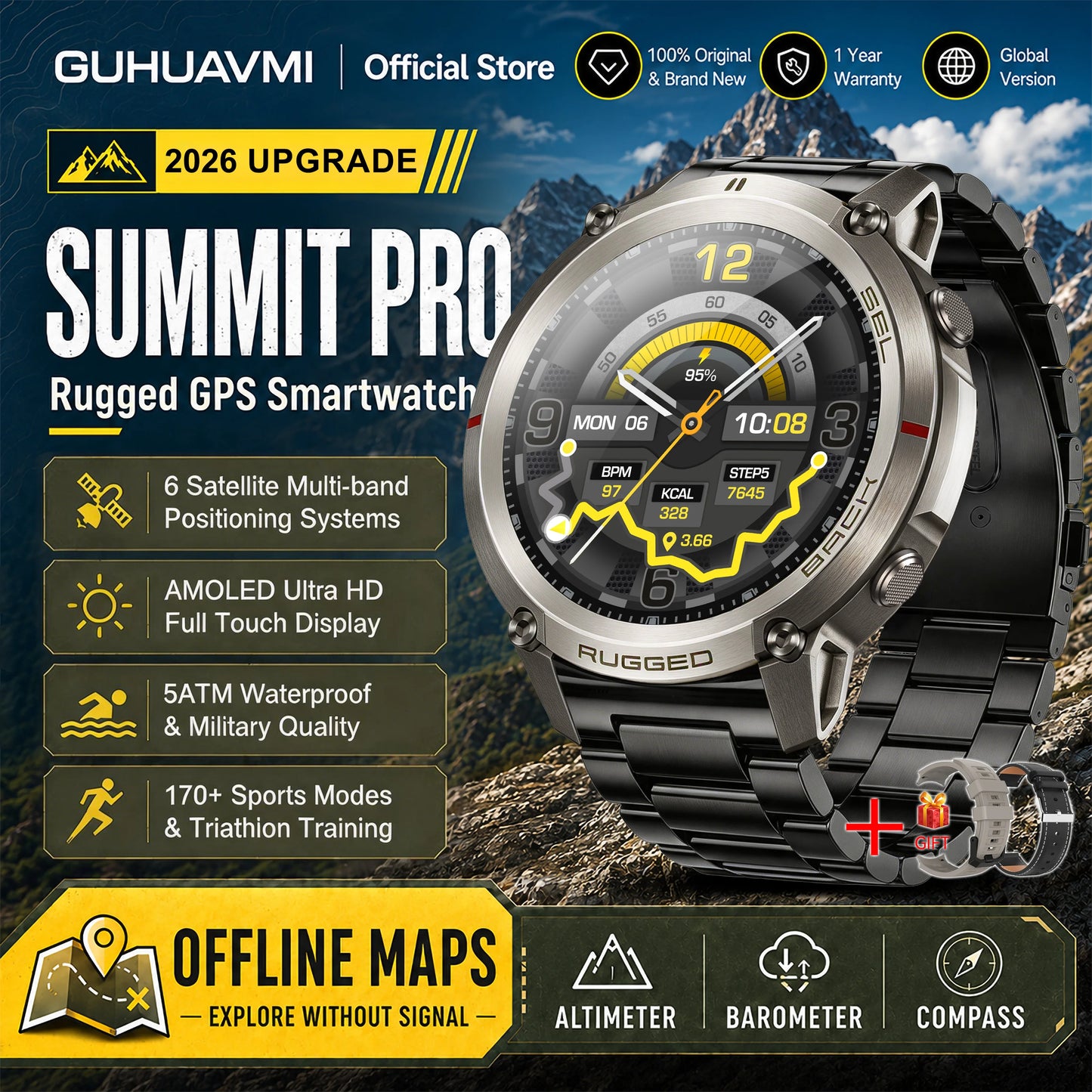 2026 Military Satellite Offline Map GPS Smart Watch Men 1.43''AMOLED Bluetooth Call Compass 5ATM Waterproof 170+Sport Smartwatch